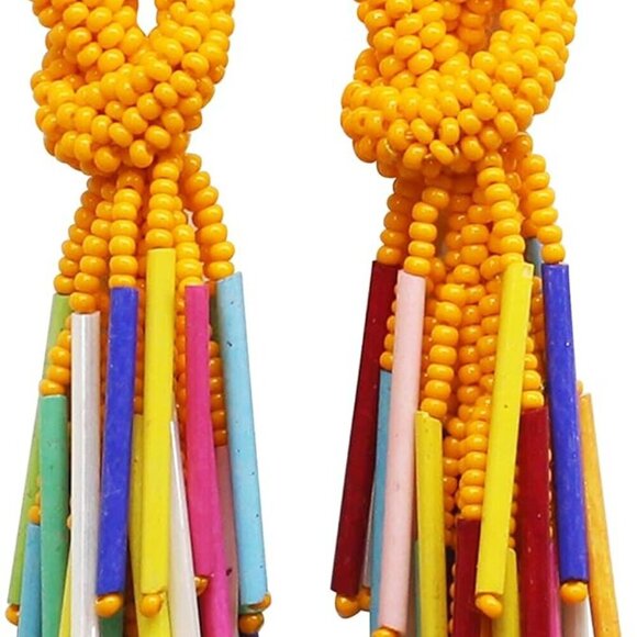 Jewelry - Handmade Neon Beaded Dangle Earrings for Women, 4 Inch Long, Orange Multi, Croch
